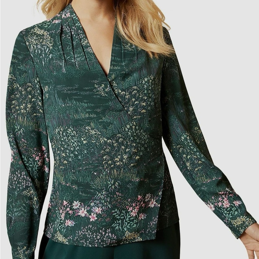Ted Baker V-Neck Floral Long-Sleeve Wrap Blouse minimalist academic Size 2/Small